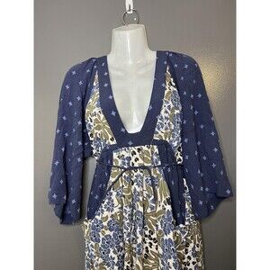 Free People Dress Womens Medium Blue Floral V Neck Kimono Sleeve Boho Short